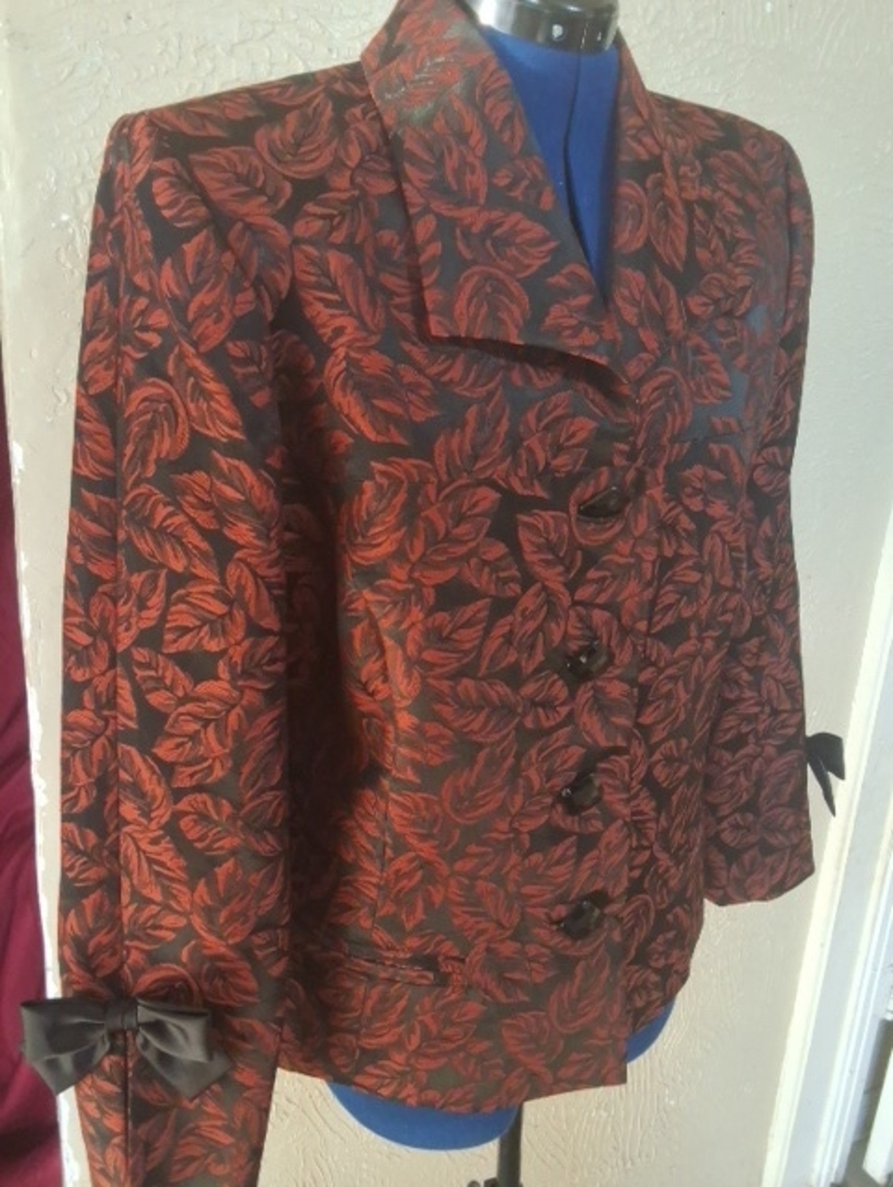 Women's Black Blazer with Red Leaf Print and Bow Cuffs